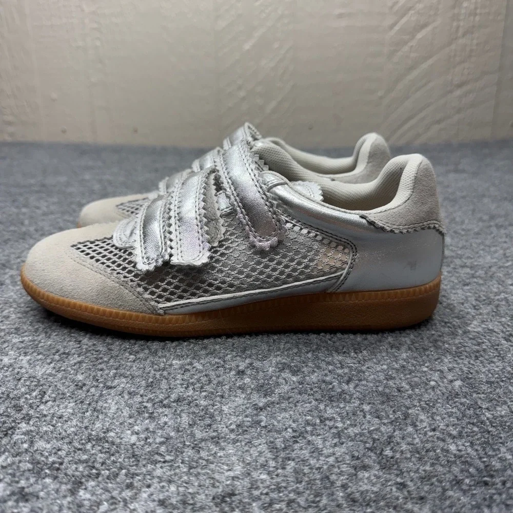 Silent D Womens Silver Metallic Mesh Triple Strap Gum Sole Sneakers Retro Shoes - Picture 2 of 9